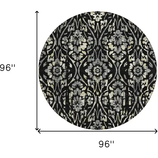 8' Black Gray And Ivory Round Floral Washable Indoor Outdoor Area Rug Photo 3
