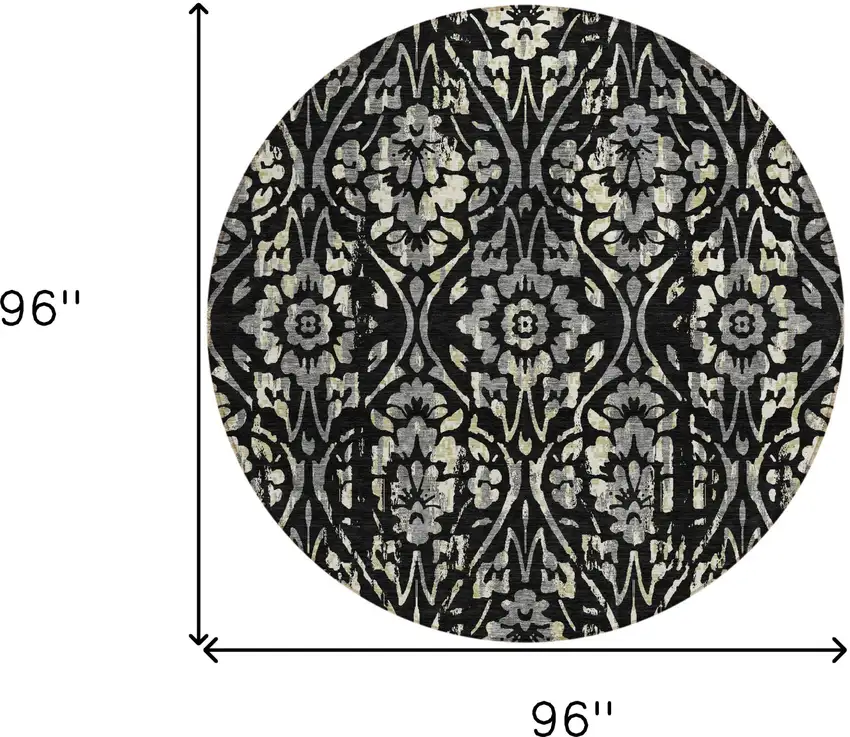 8' Black Gray And Ivory Round Floral Washable Indoor Outdoor Area Rug Photo 3