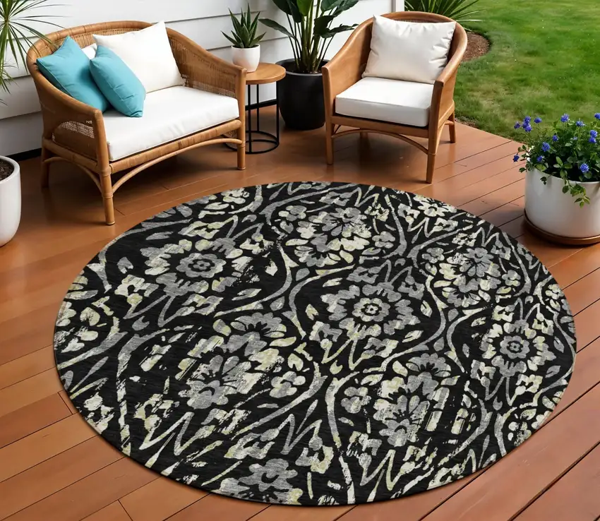 8' Black Gray And Ivory Round Floral Washable Indoor Outdoor Area Rug Photo 1