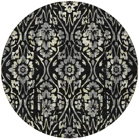 8' Black Gray And Ivory Round Floral Washable Indoor Outdoor Area Rug Photo 5