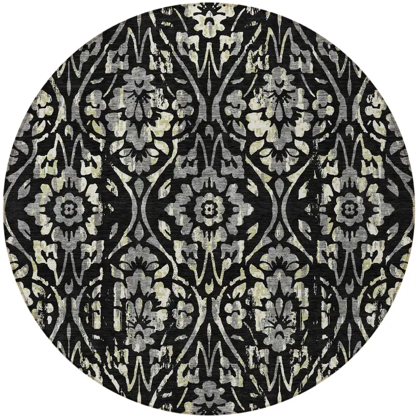 8' Black Gray And Ivory Round Floral Washable Indoor Outdoor Area Rug Photo 5