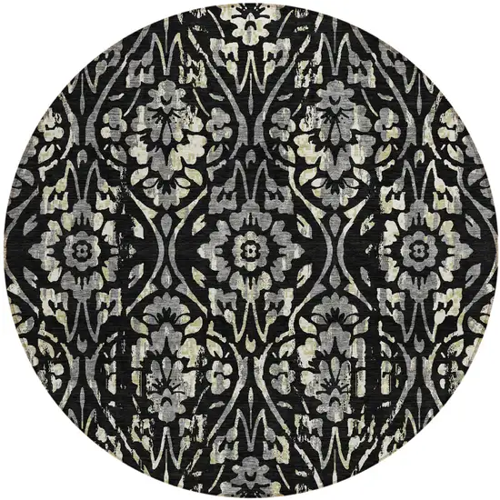 8' Black Gray And Ivory Round Floral Washable Indoor Outdoor Area Rug Photo 2
