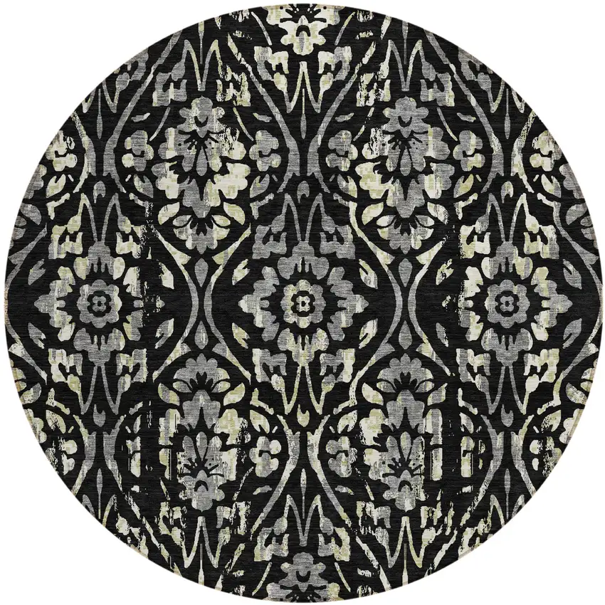 8' Black Gray And Ivory Round Floral Washable Indoor Outdoor Area Rug Photo 2