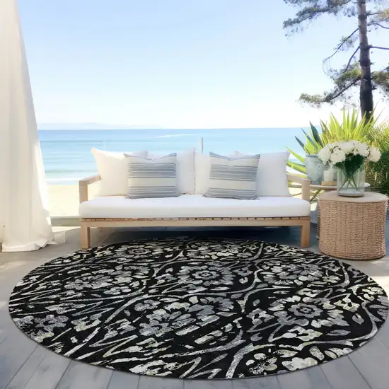 8' Black Gray And Ivory Round Floral Washable Indoor Outdoor Area Rug Photo 6