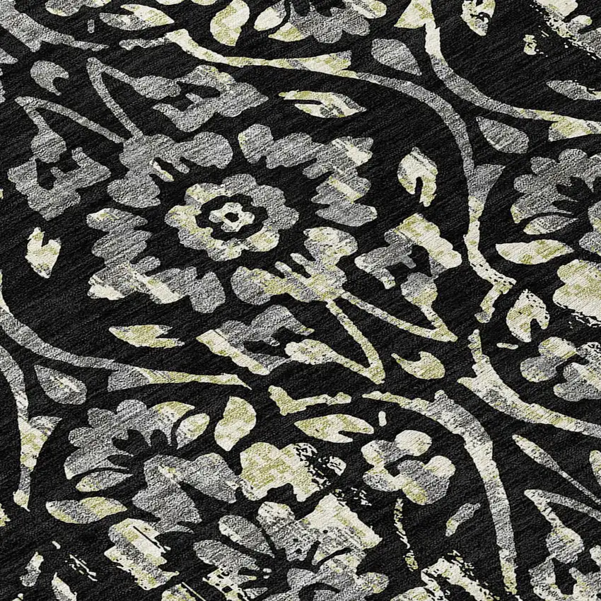 8' Black Gray And Ivory Round Floral Washable Indoor Outdoor Area Rug Photo 8