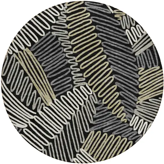 8' Black Gray And Ivory Round Floral Washable Indoor Outdoor Area Rug Photo 2