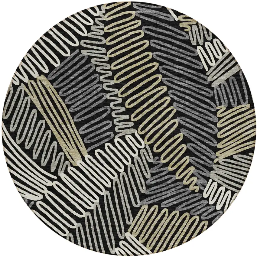 8' Black Gray And Ivory Round Floral Washable Indoor Outdoor Area Rug Photo 2