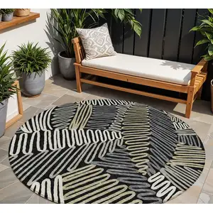 Photo of 8' Black Gray And Ivory Round Floral Washable Indoor Outdoor Area Rug