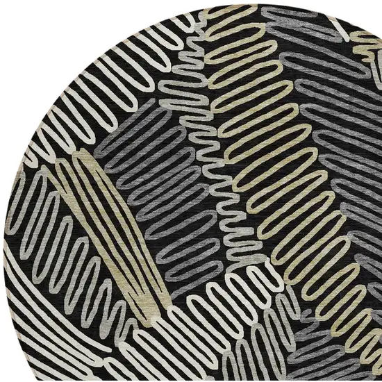 8' Black Gray And Ivory Round Floral Washable Indoor Outdoor Area Rug Photo 7