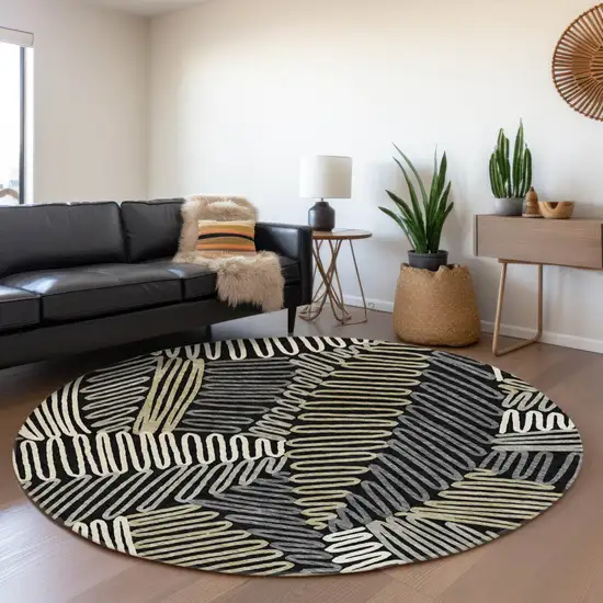 8' Black Gray And Ivory Round Floral Washable Indoor Outdoor Area Rug Photo 9