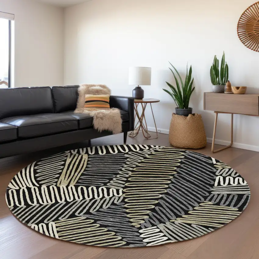 8' Black Gray And Ivory Round Floral Washable Indoor Outdoor Area Rug Photo 9