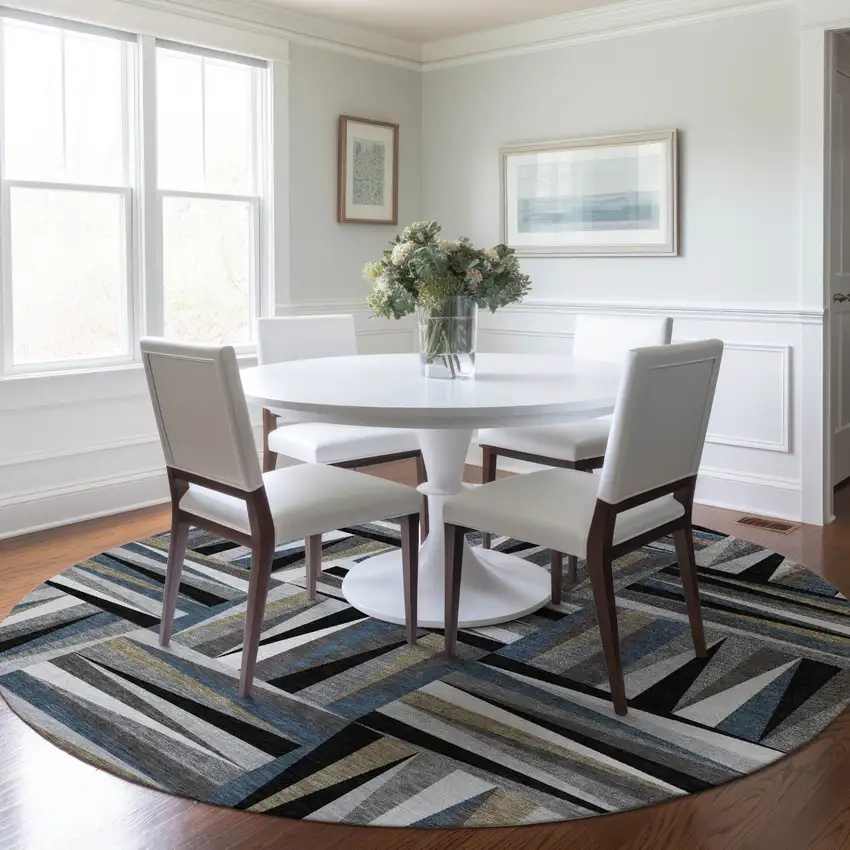 8' Black Gray And Ivory Round Geometric Washable Indoor Outdoor Area Rug Photo 7