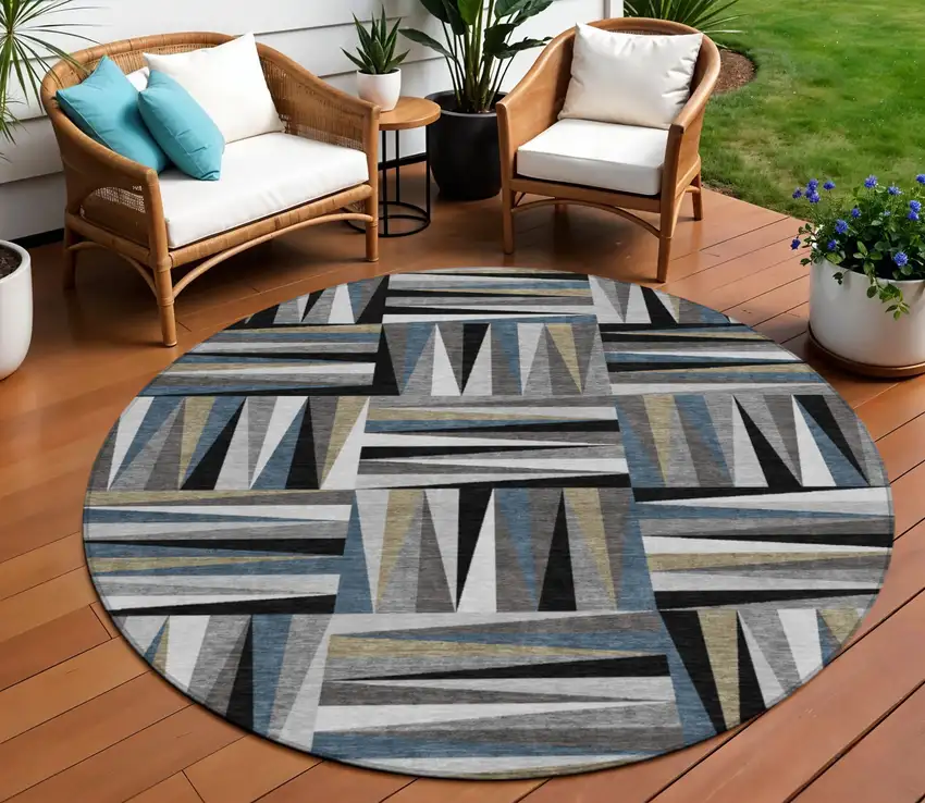 8' Black Gray And Ivory Round Geometric Washable Indoor Outdoor Area Rug Photo 1