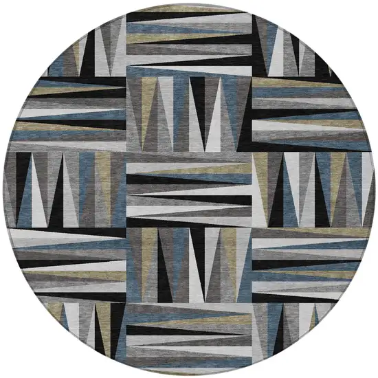 8' Black Gray And Ivory Round Geometric Washable Indoor Outdoor Area Rug Photo 5