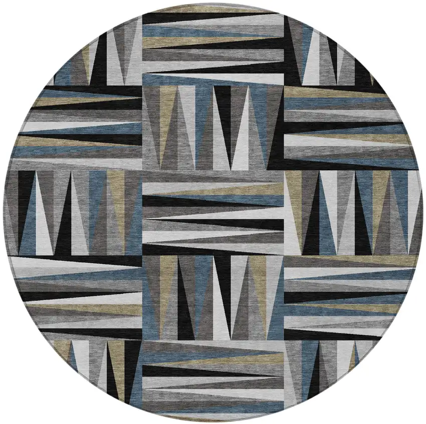 8' Black Gray And Ivory Round Geometric Washable Indoor Outdoor Area Rug Photo 5