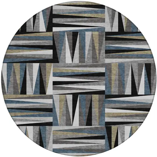 8' Black Gray And Ivory Round Geometric Washable Indoor Outdoor Area Rug Photo 2
