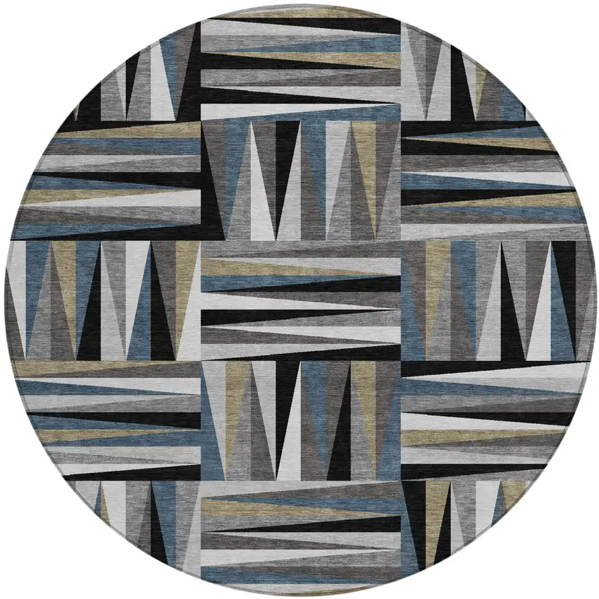8' Black Gray And Ivory Round Geometric Washable Indoor Outdoor Area Rug Photo 2