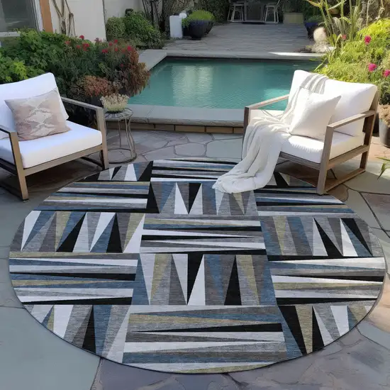 8' Black Gray And Ivory Round Geometric Washable Indoor Outdoor Area Rug Photo 6