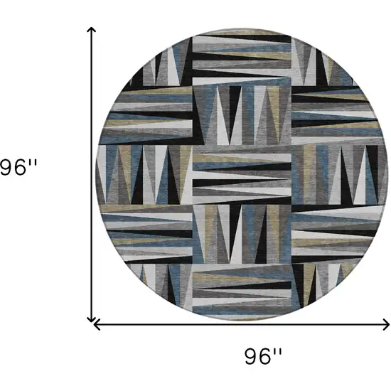 8' Black Gray And Ivory Round Geometric Washable Indoor Outdoor Area Rug Photo 3
