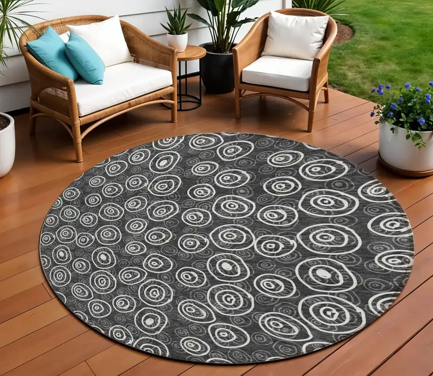 8' Black Gray And Ivory Round Geometric Washable Indoor Outdoor Area Rug Photo 1