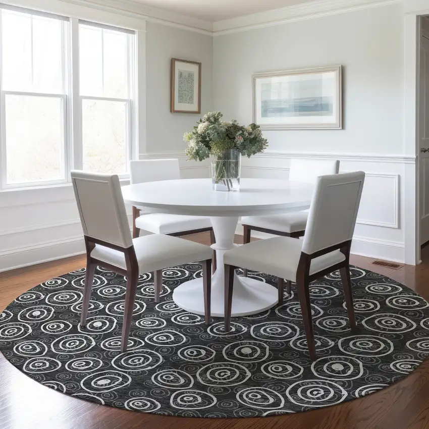 8' Black Gray And Ivory Round Geometric Washable Indoor Outdoor Area Rug Photo 7