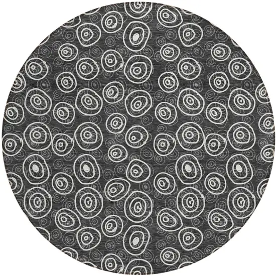 8' Black Gray And Ivory Round Geometric Washable Indoor Outdoor Area Rug Photo 1