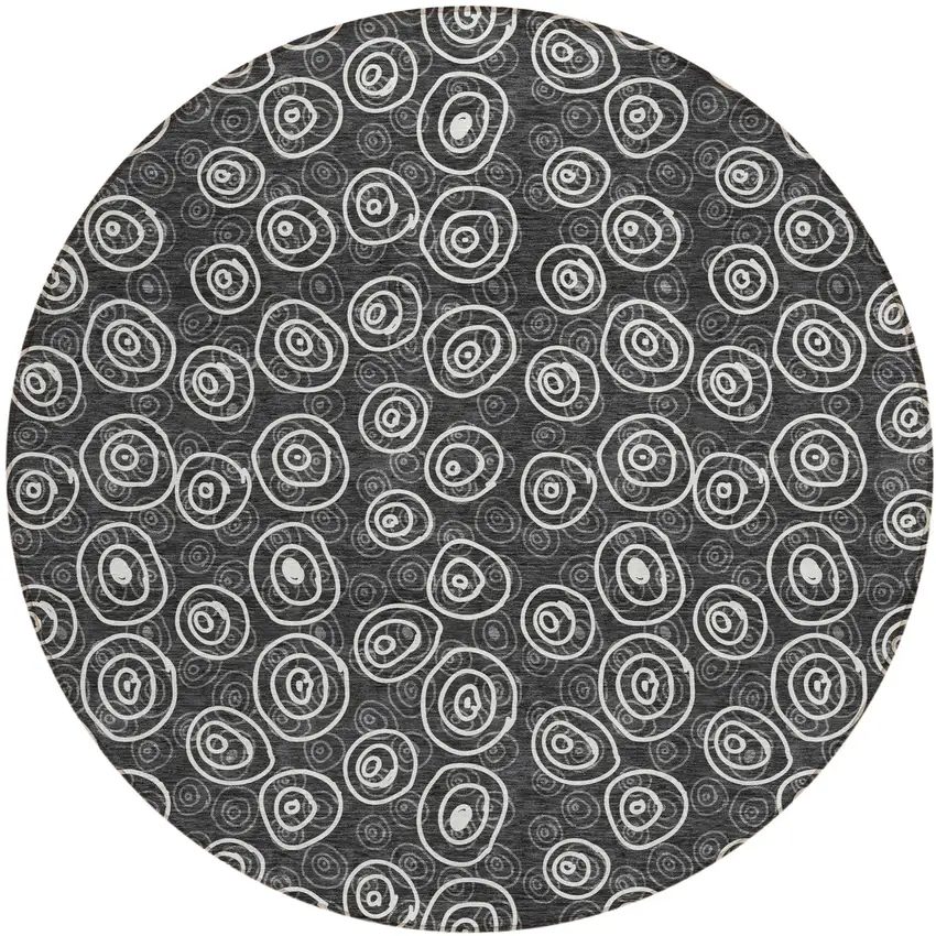 8' Black Gray And Ivory Round Geometric Washable Indoor Outdoor Area Rug Photo 1
