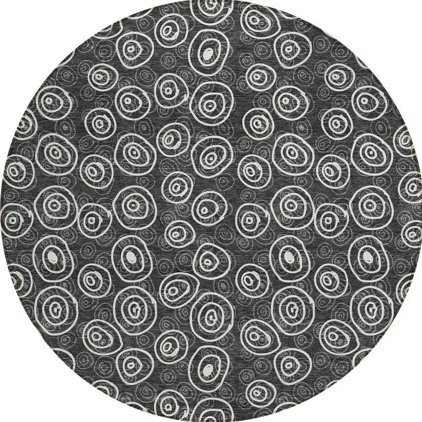 8' Black Gray And Ivory Round Geometric Washable Indoor Outdoor Area Rug Photo 4