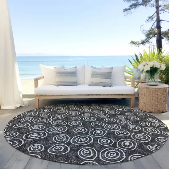 8' Black Gray And Ivory Round Geometric Washable Indoor Outdoor Area Rug Photo 6
