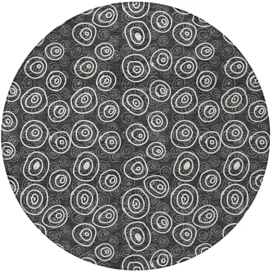 8' Black Gray And Ivory Round Geometric Washable Indoor Outdoor Area Rug Photo 5