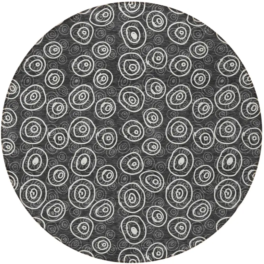 8' Black Gray And Ivory Round Geometric Washable Indoor Outdoor Area Rug Photo 5