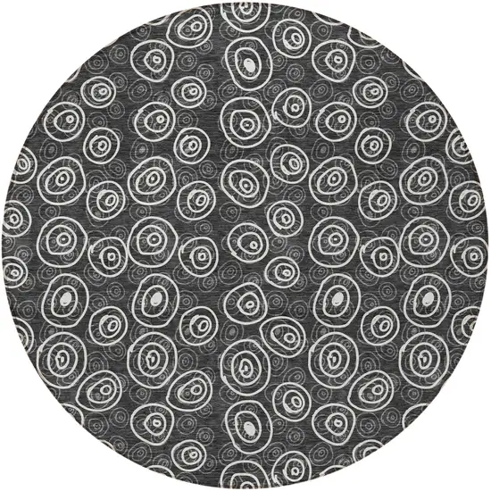 8' Black Gray And Ivory Round Geometric Washable Indoor Outdoor Area Rug Photo 5