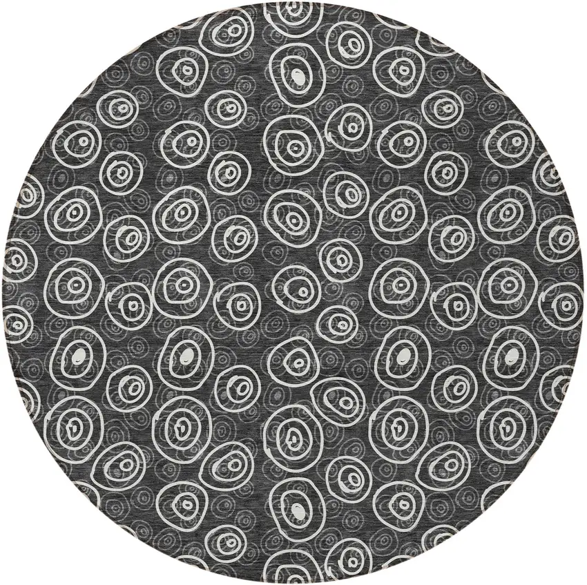 8' Black Gray And Ivory Round Geometric Washable Indoor Outdoor Area Rug Photo 5