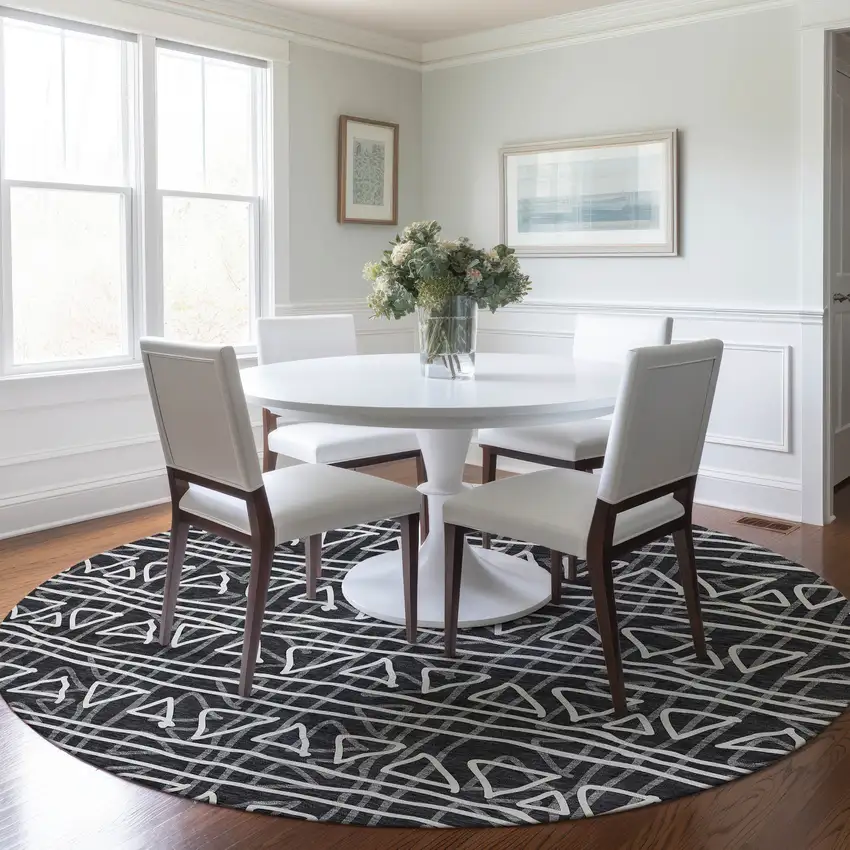 8' Black Gray And Ivory Round Geometric Washable Indoor Outdoor Area Rug Photo 7