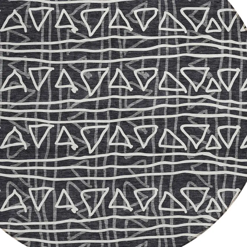 8' Black Gray And Ivory Round Geometric Washable Indoor Outdoor Area Rug Photo 4