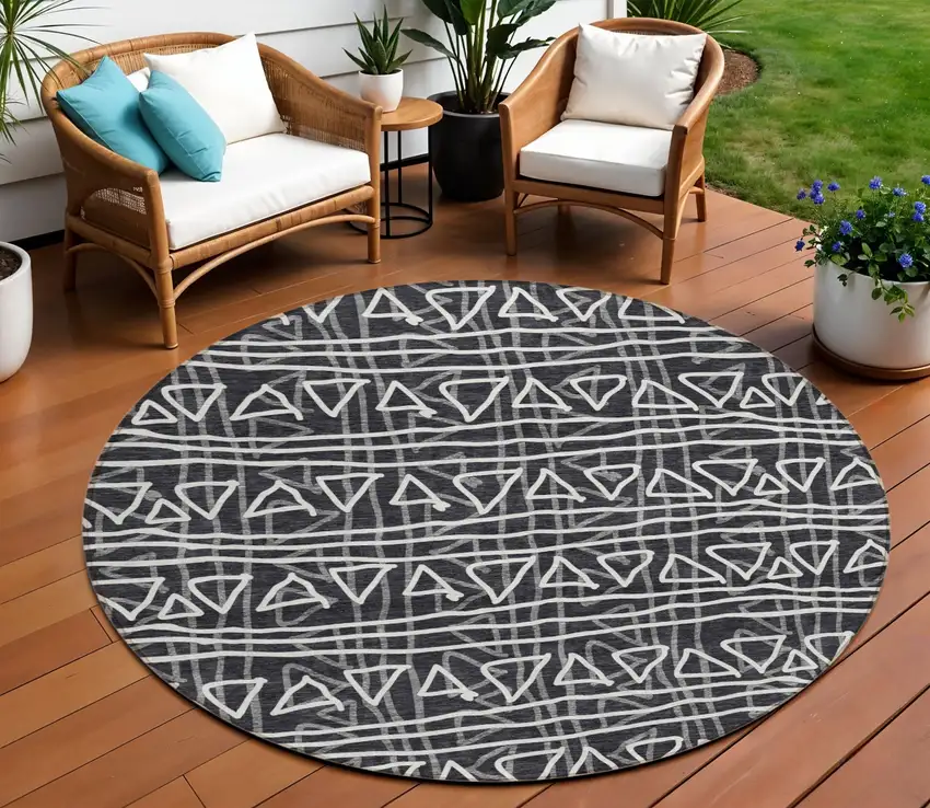 8' Black Gray And Ivory Round Geometric Washable Indoor Outdoor Area Rug Photo 1