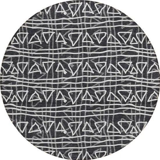 8' Black Gray And Ivory Round Geometric Washable Indoor Outdoor Area Rug Photo 5
