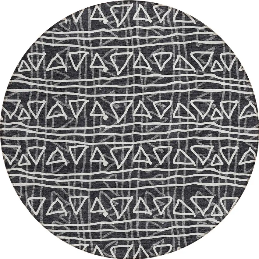 8' Black Gray And Ivory Round Geometric Washable Indoor Outdoor Area Rug Photo 5