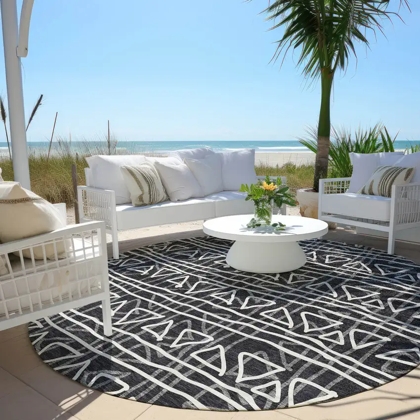 8' Black Gray And Ivory Round Geometric Washable Indoor Outdoor Area Rug Photo 6
