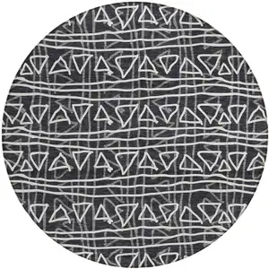 Photo of 8' Black Gray And Ivory Round Geometric Washable Indoor Outdoor Area Rug