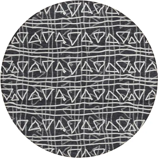 8' Black Gray And Ivory Round Geometric Washable Indoor Outdoor Area Rug Photo 1
