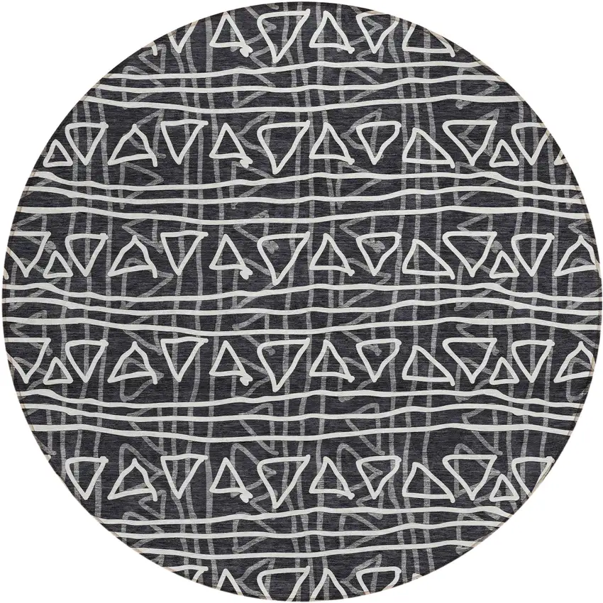 8' Black Gray And Ivory Round Geometric Washable Indoor Outdoor Area Rug Photo 1