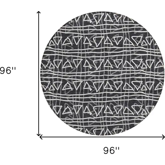 8' Black Gray And Ivory Round Geometric Washable Indoor Outdoor Area Rug Photo 8