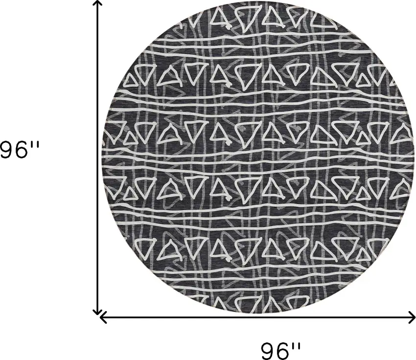 8' Black Gray And Ivory Round Geometric Washable Indoor Outdoor Area Rug Photo 8