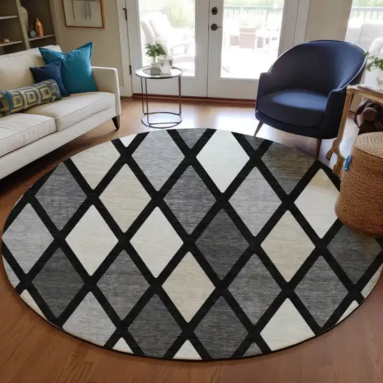 8' Black Gray And Ivory Round Geometric Washable Indoor Outdoor Area Rug Photo 8