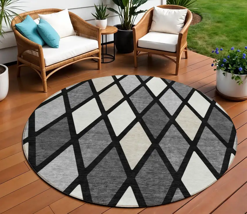 8' Black Gray And Ivory Round Geometric Washable Indoor Outdoor Area Rug Photo 1