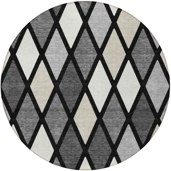 8' Black Gray And Ivory Round Geometric Washable Indoor Outdoor Area Rug Photo 6