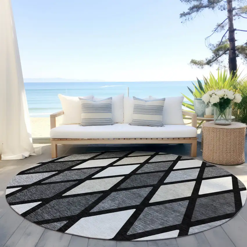 8' Black Gray And Ivory Round Geometric Washable Indoor Outdoor Area Rug Photo 7