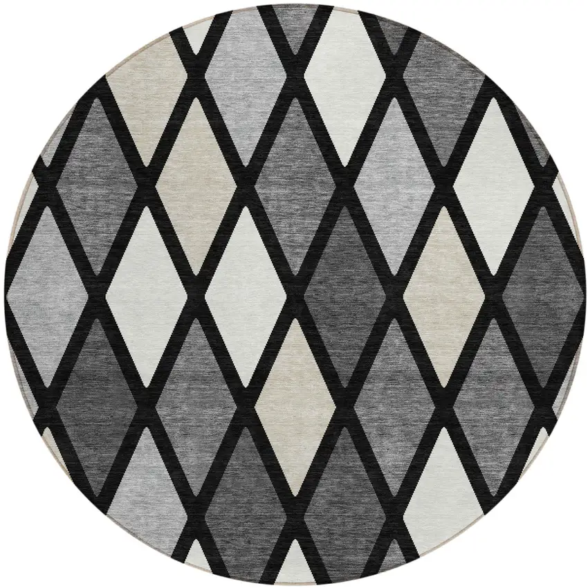8' Black Gray And Ivory Round Geometric Washable Indoor Outdoor Area Rug Photo 2