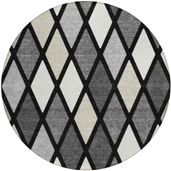 8' Black Gray And Ivory Round Geometric Washable Indoor Outdoor Area Rug Photo 2